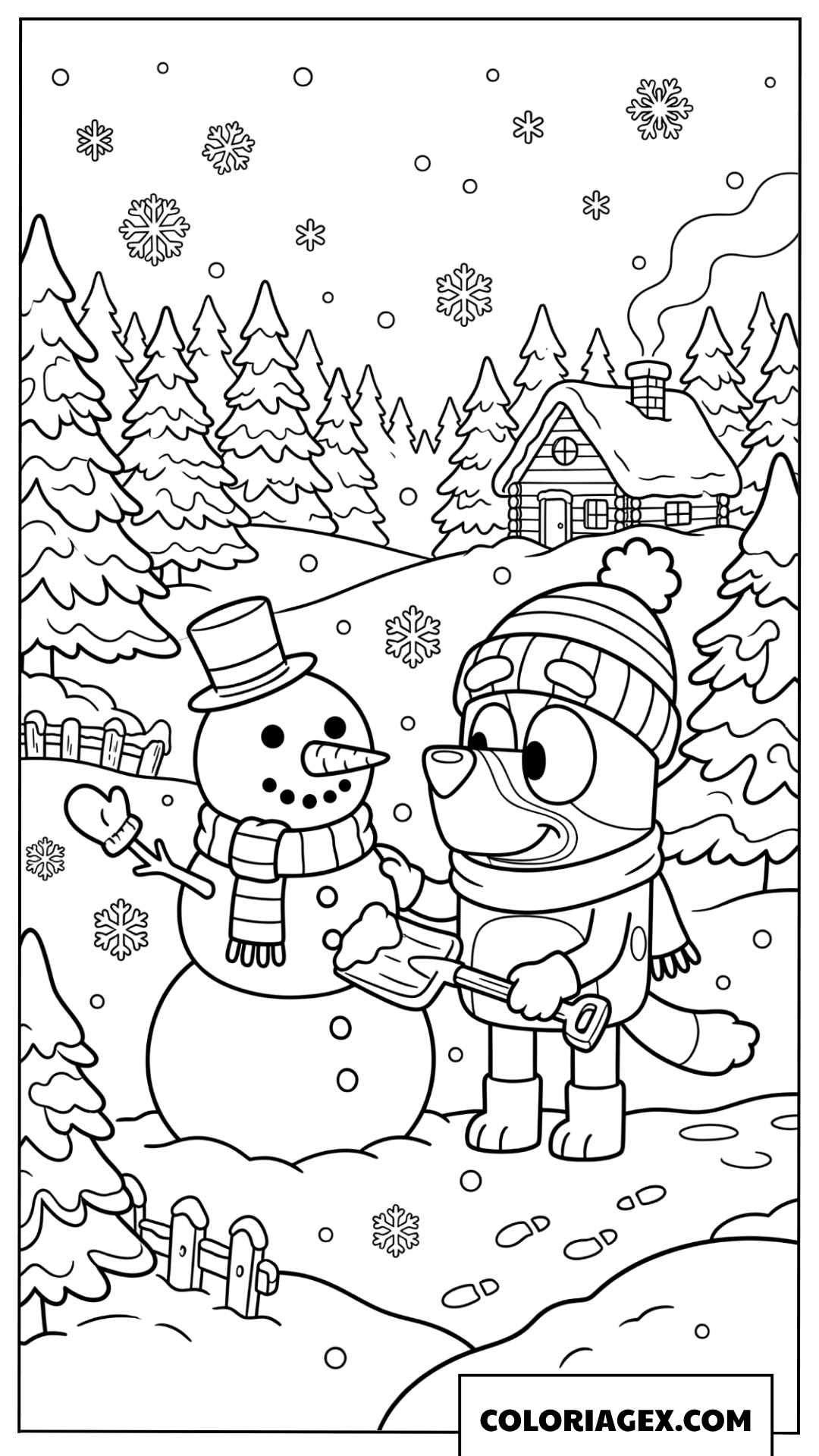 Coloriage de Bluey faisant un bonhomme de neige dans la forêt