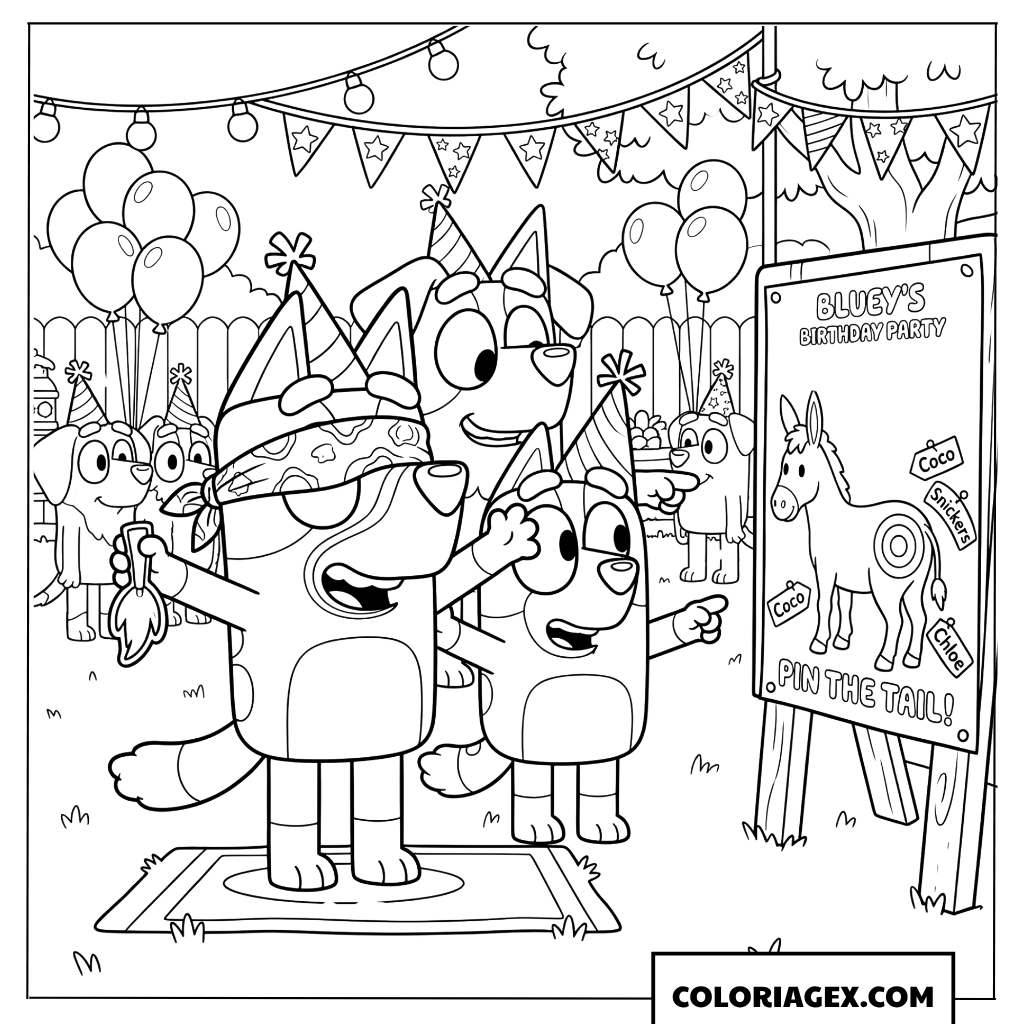Coloriage de Bluey jouant à la queue de l'âne avec ses amis