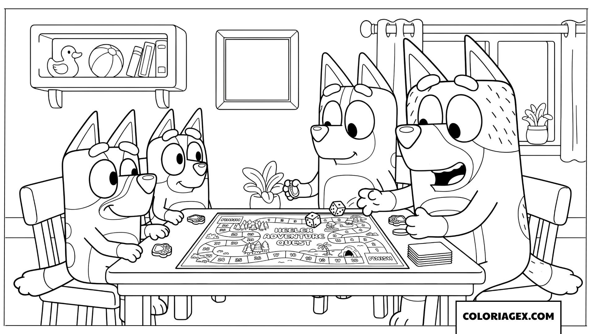 Coloriage de Bluey jouant à un jeu de société avec ses parents