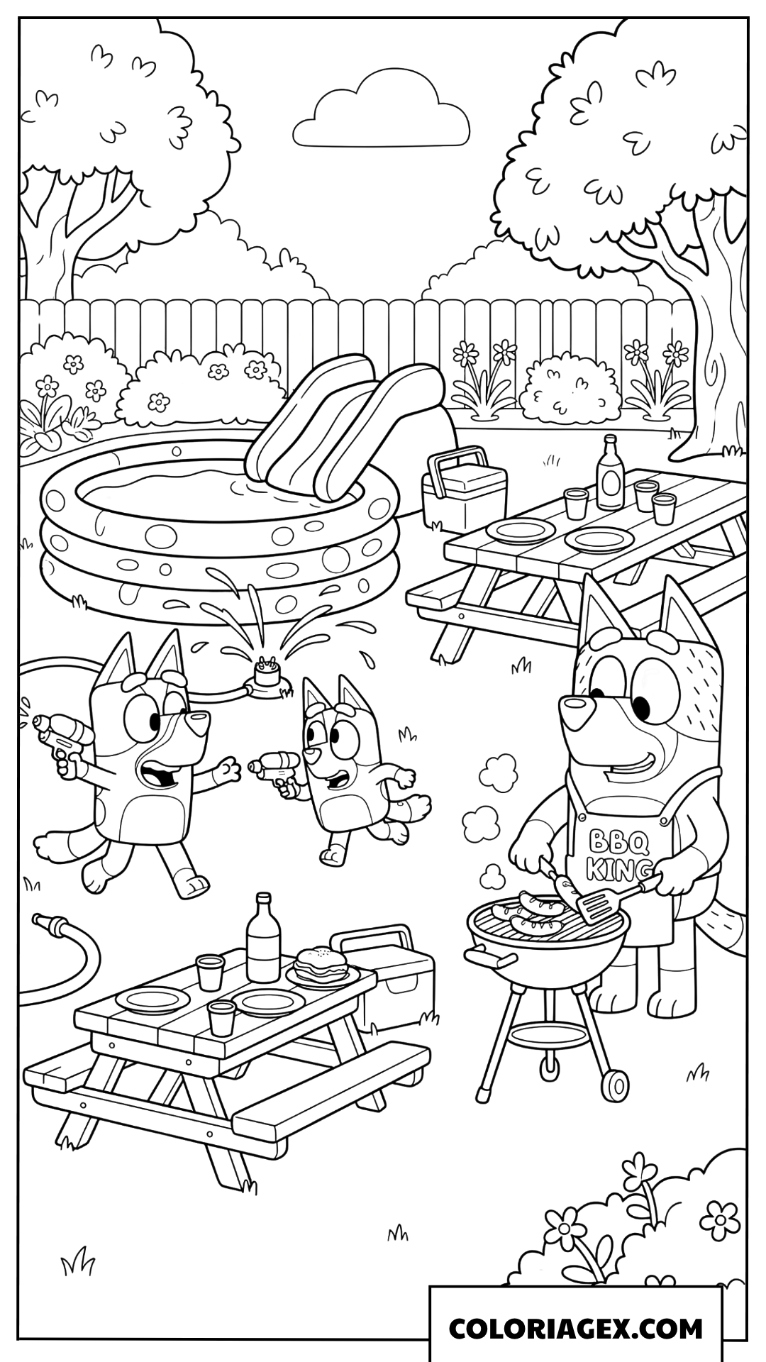 Coloriage de Bluey jouant avec des pistolets à eau au BBQ