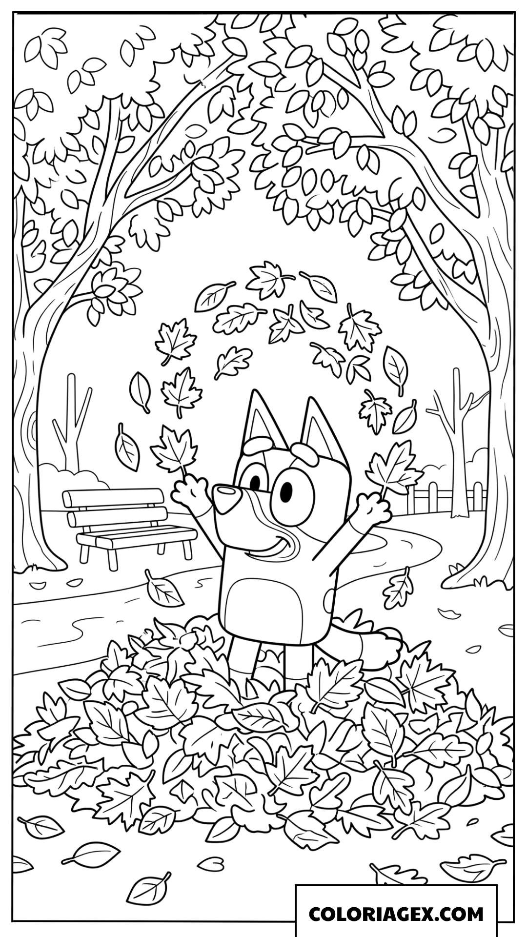 Coloriage de Bluey jouant avec les feuilles d'automne