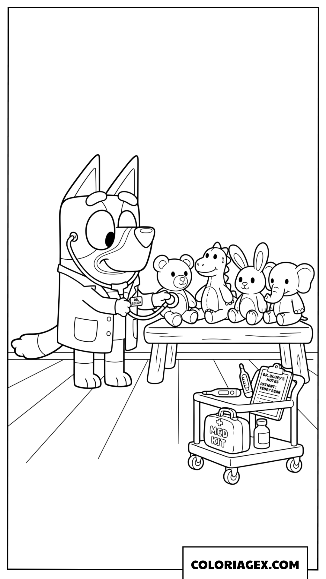 Coloriage de Bluey médecin soignant ses peluches