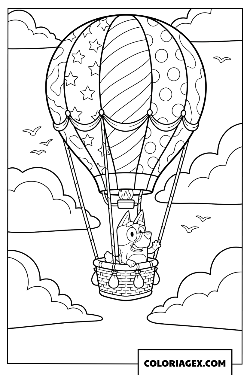 Coloriage de Bluey saluant depuis une montgolfière colorée