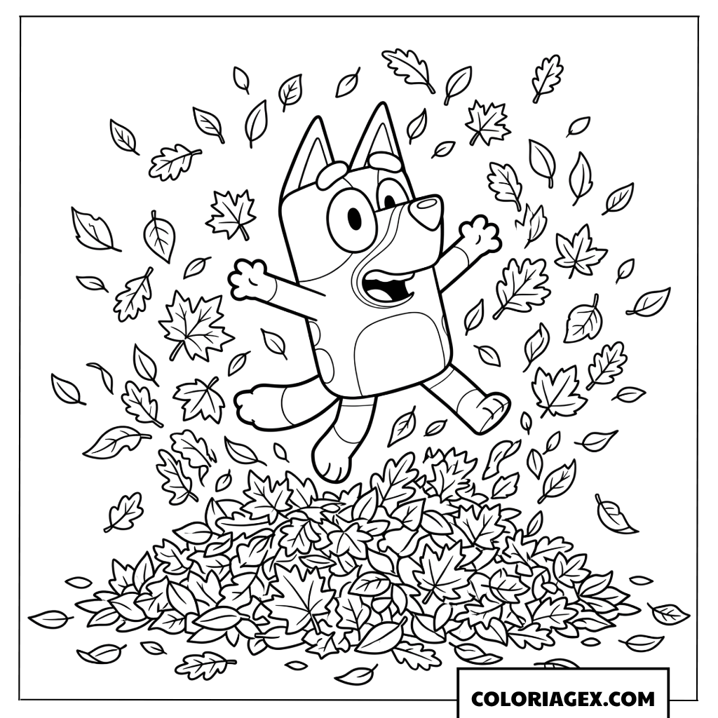 Coloriage de Bluey sautant dans un tas de feuilles