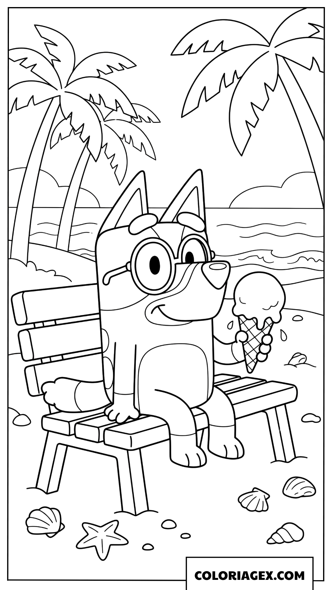 Coloriage de Bluey sur une chaise de plage mangeant une glace