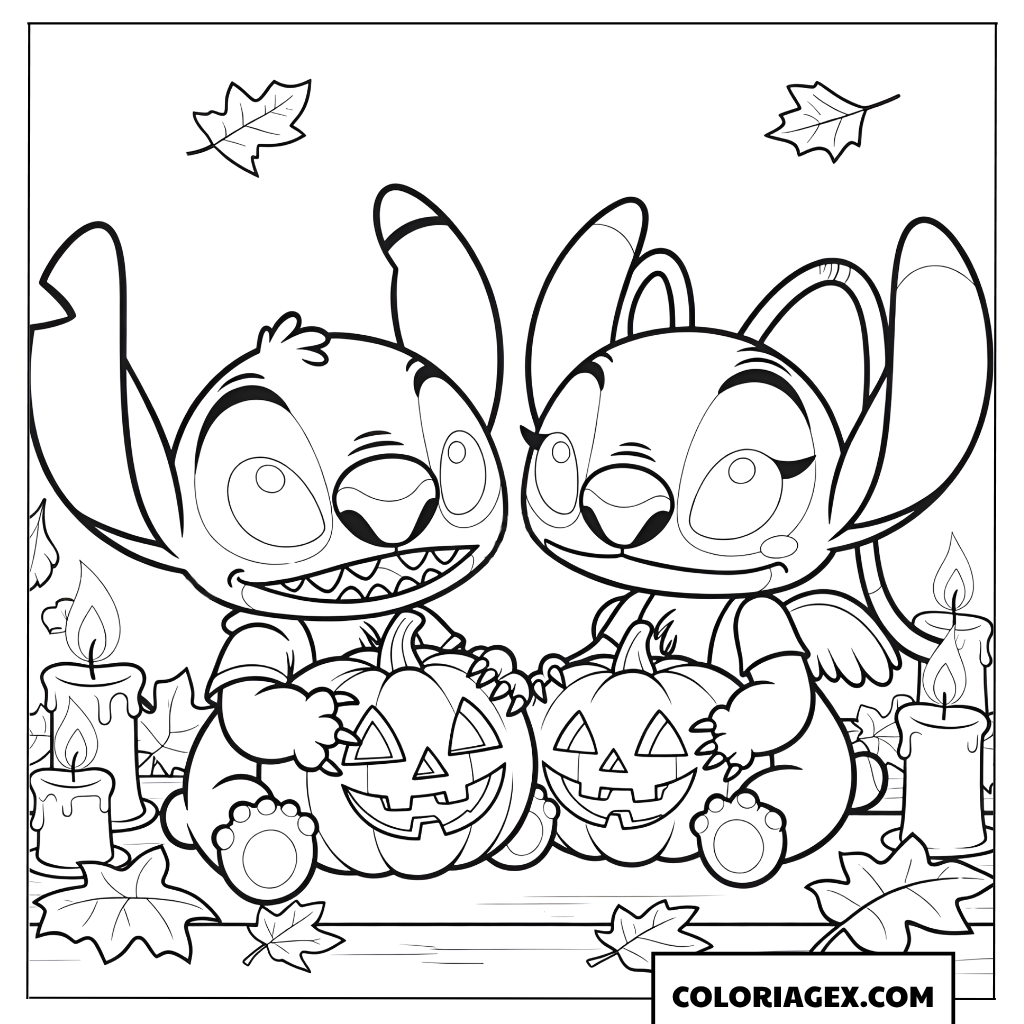 Coloriage de Stitch et Angel avec des citrouilles lanternes
