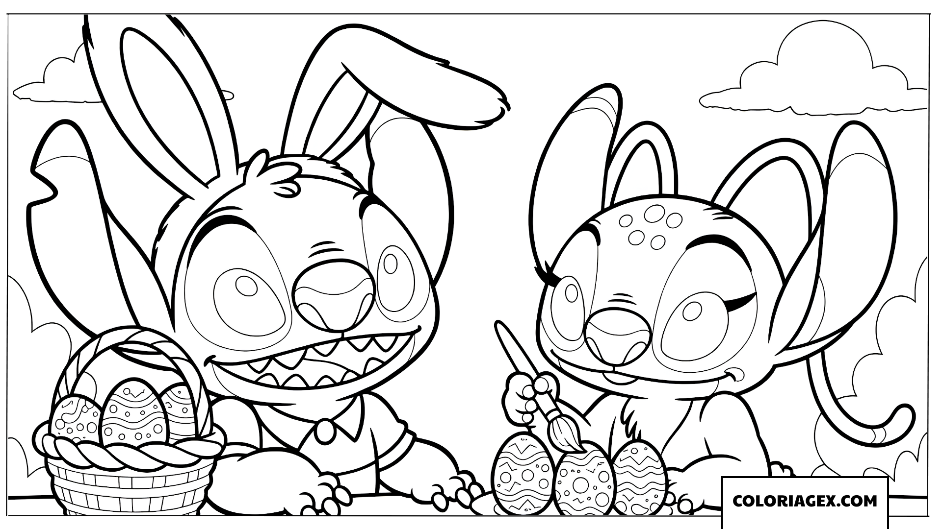 Coloriage de Stitch et Angel avec des oreilles de lapin
