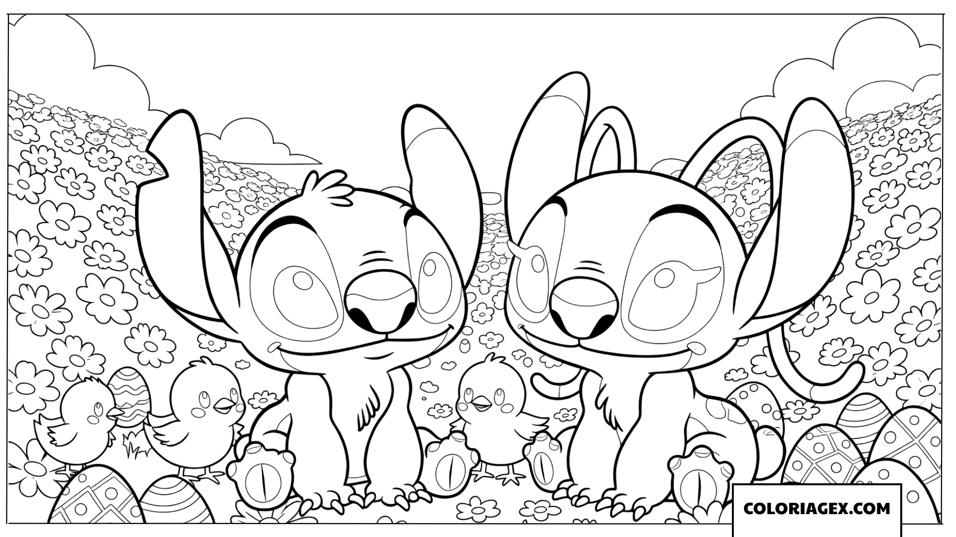 Coloriage de Stitch et Angel avec des poussins