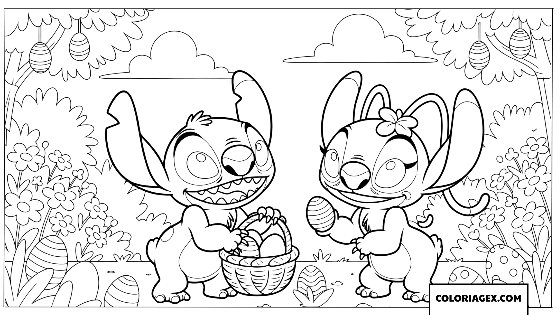 Coloriage de Stitch et Angel avec un panier d’œufs