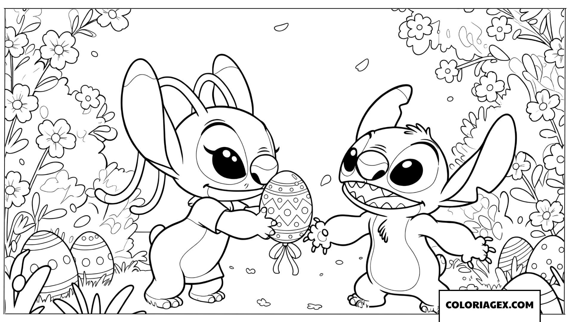 Coloriage de Stitch et Angel cherchant des œufs de Pâques