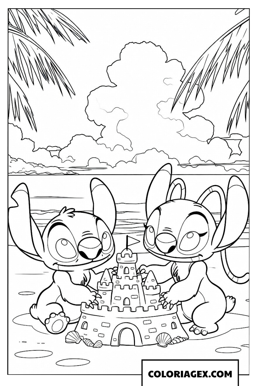 Coloriage de Stitch et Angel construisant un château de sable