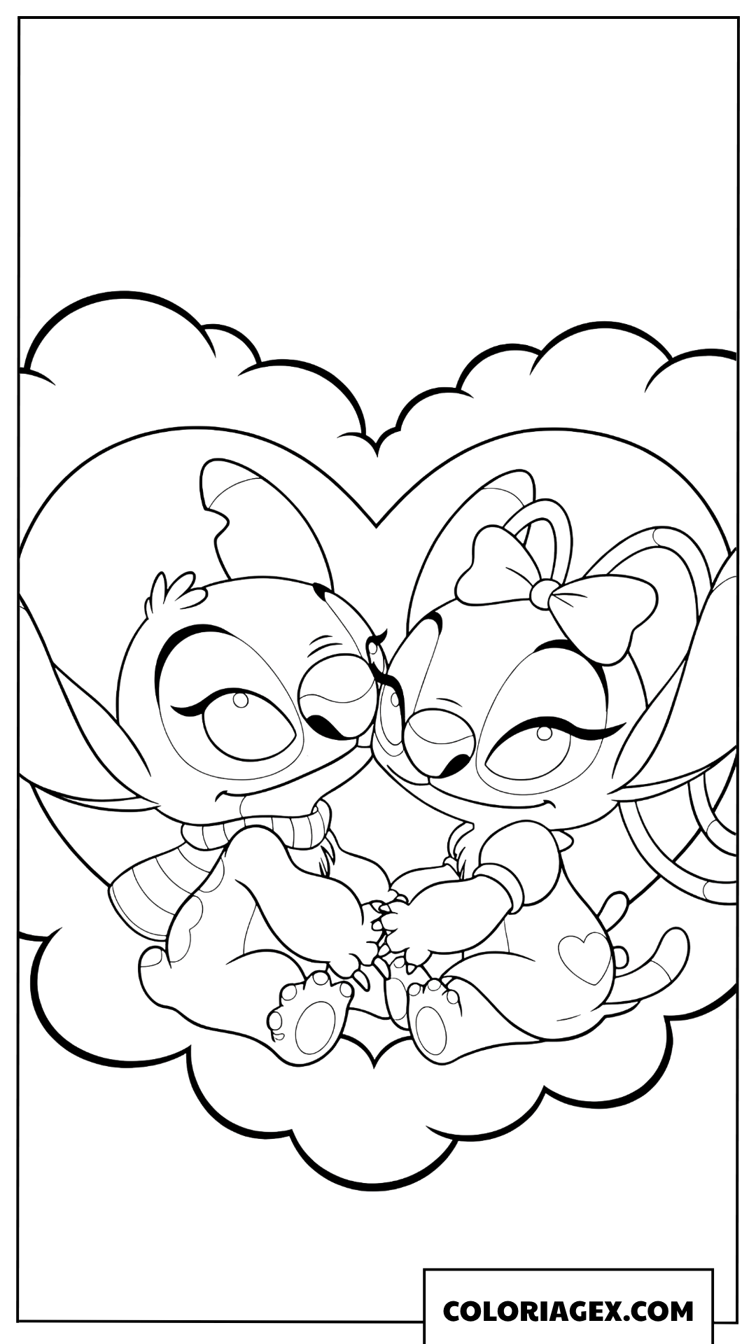 Coloriage de Stitch et Angel dans un cadre en forme de cœur