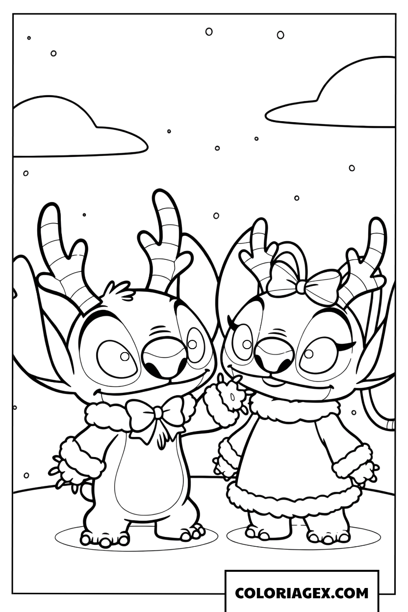 Coloriage de Stitch et Angel en costumes de renne