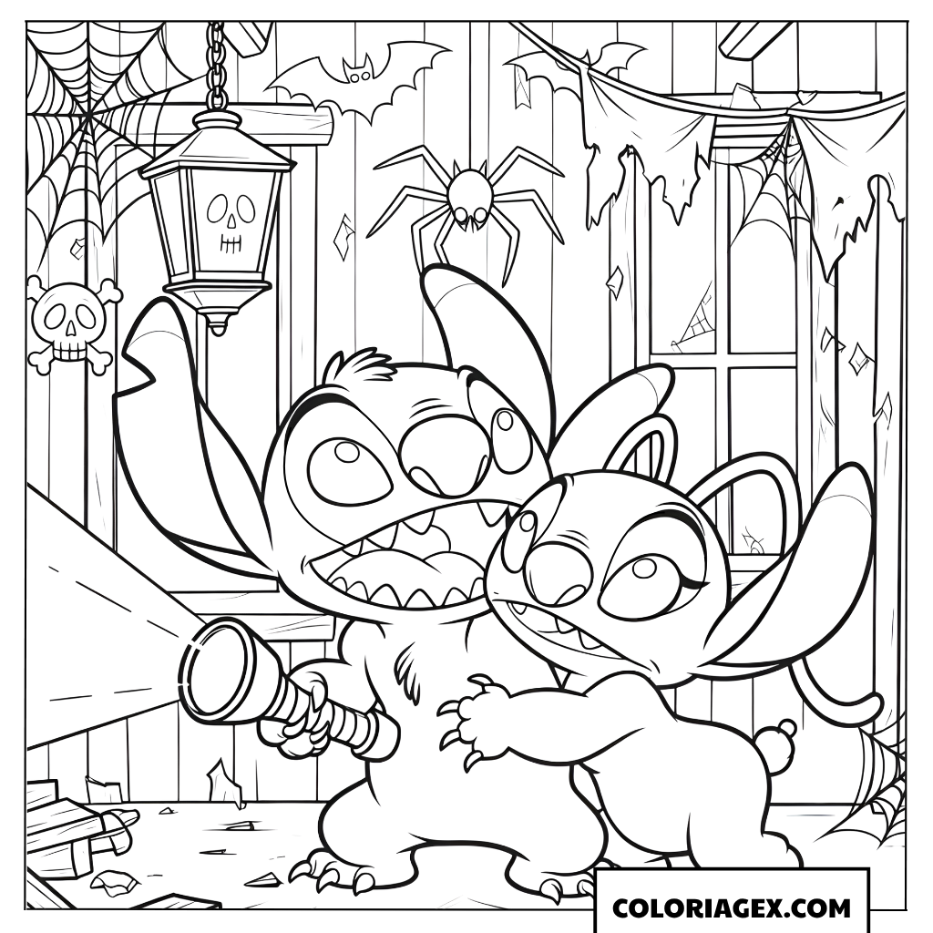 Coloriage de Stitch et Angel explorant une maison hantée