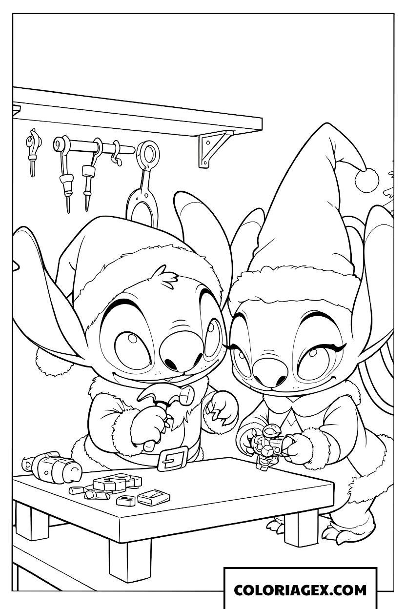 Coloriage de Stitch et Angel fabriquant des jouets de Noël