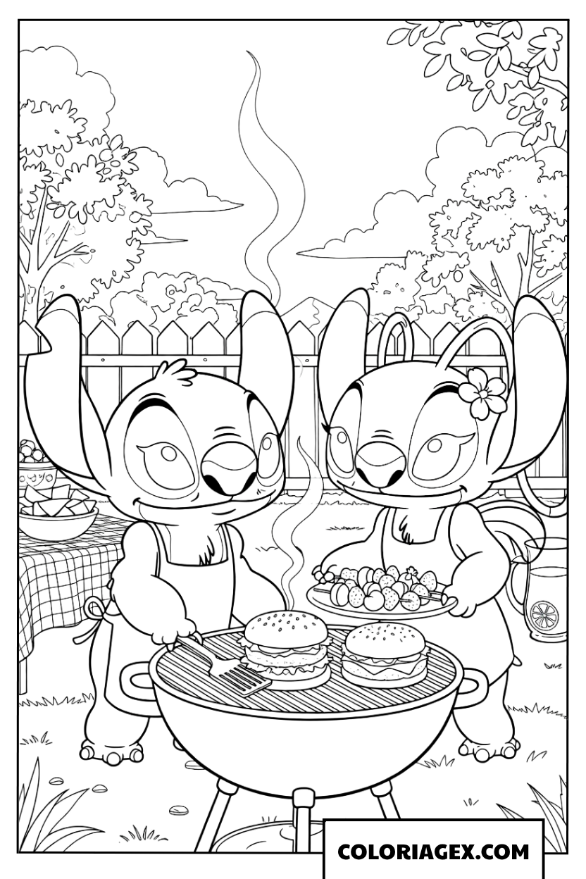 Coloriage de Stitch et Angel faisant un barbecue