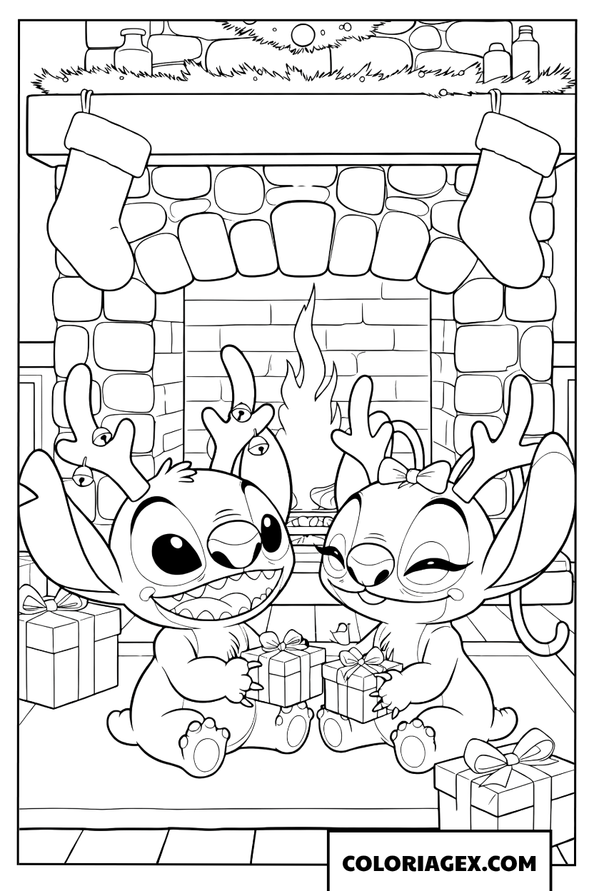 Coloriage de Stitch et Angel ouvrant des cadeaux près de la cheminée