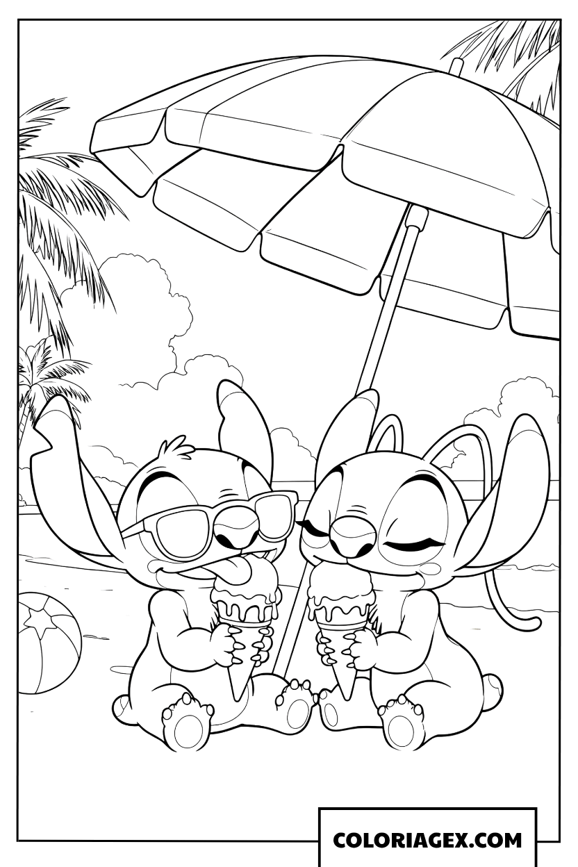 Coloriage de Stitch et Angel se reposant sous un parasol