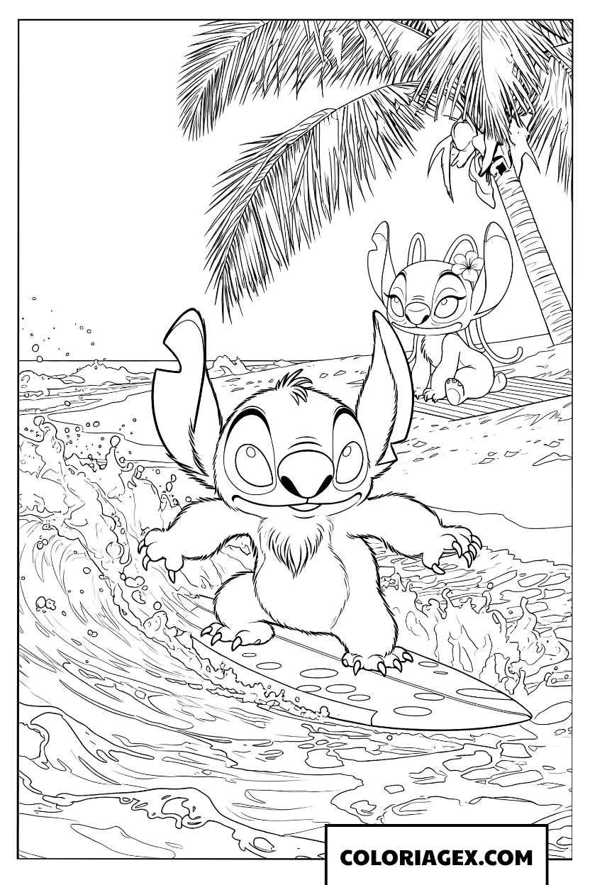 Coloriage de Stitch faisant du surf
