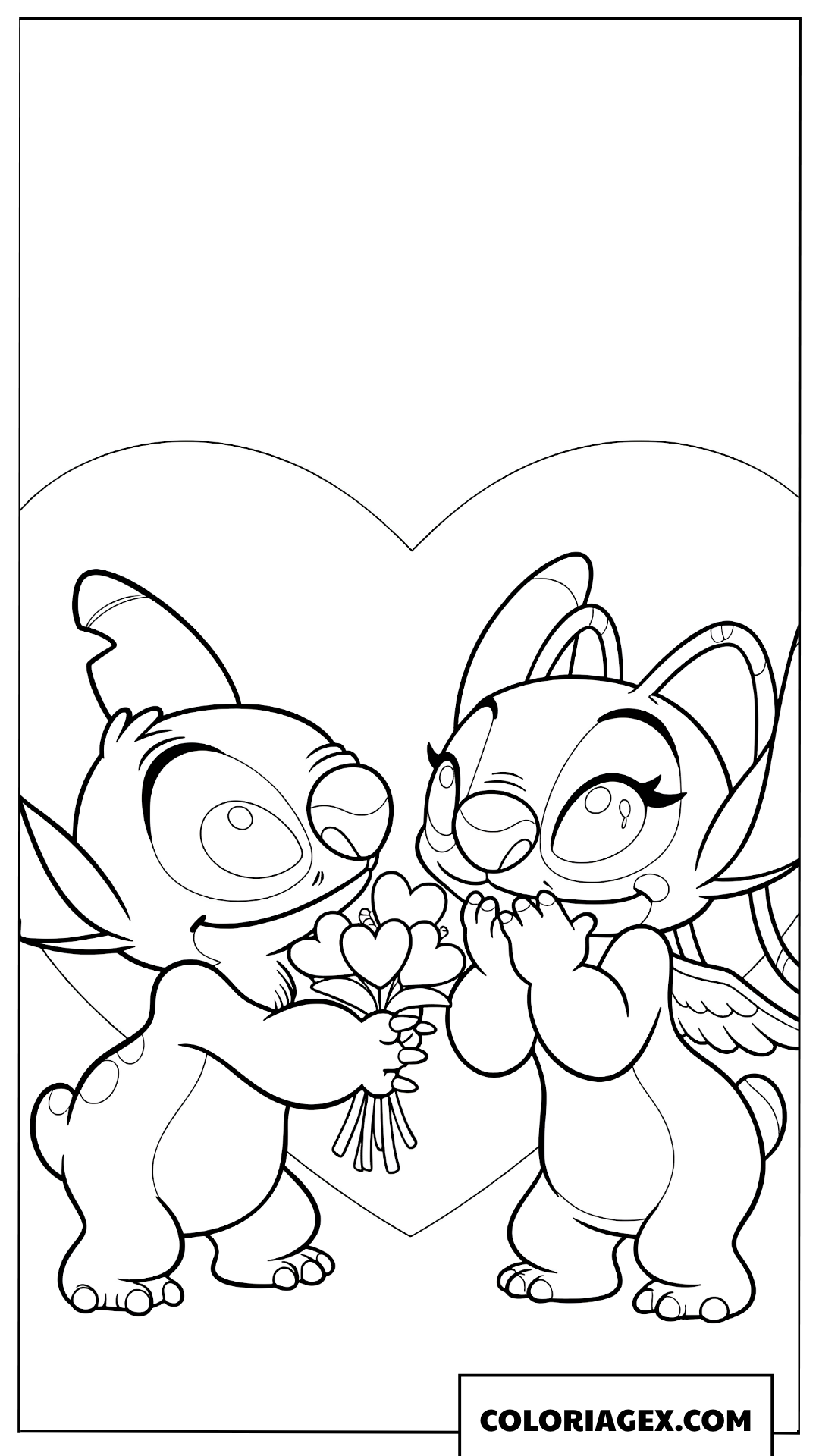 Coloriage de Stitch offrant des fleurs à Angel