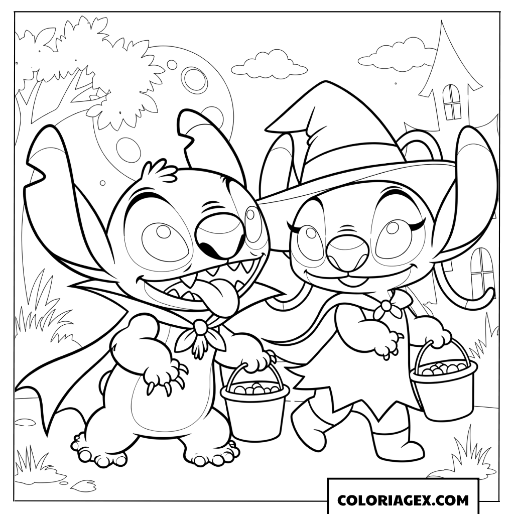 Coloriage de Stitch vampire et Angel sorcière