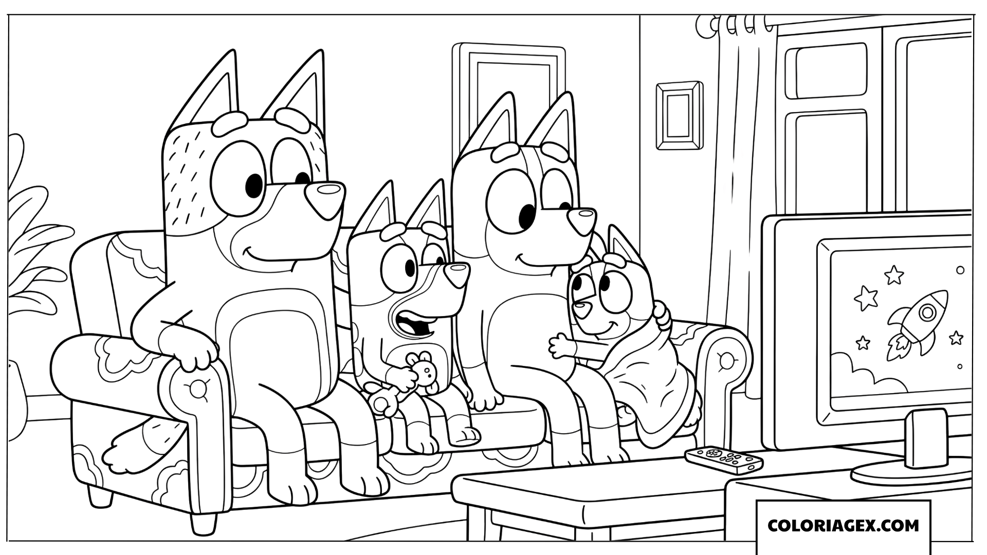 Coloriage de la famille Bluey regardant un film le soir