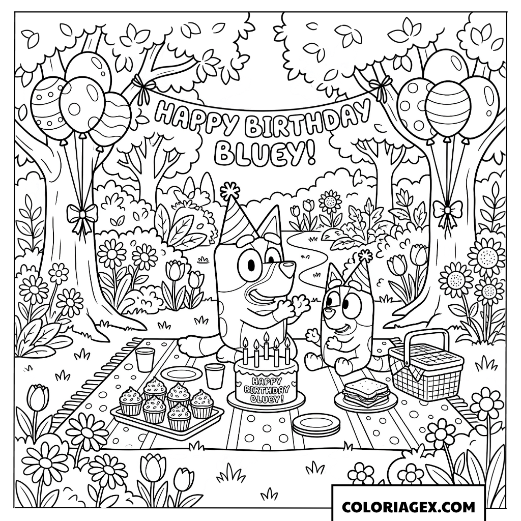 Coloriage de la fête d'anniversaire de Bluey en plein air