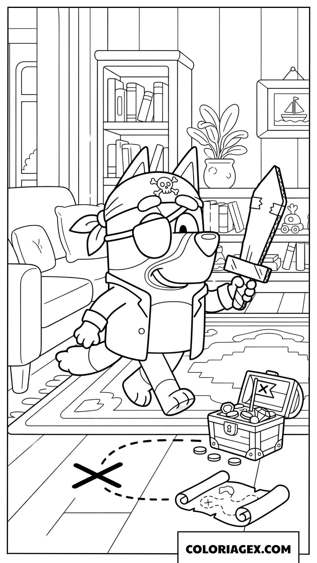 Coloriage du capitaine Bluey à la recherche du trésor