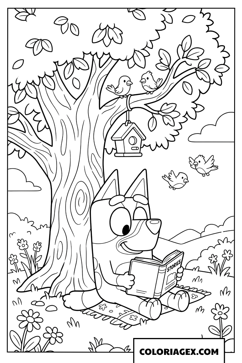 Coloriage du chien Bluey lisant un livre sous un grand arbre