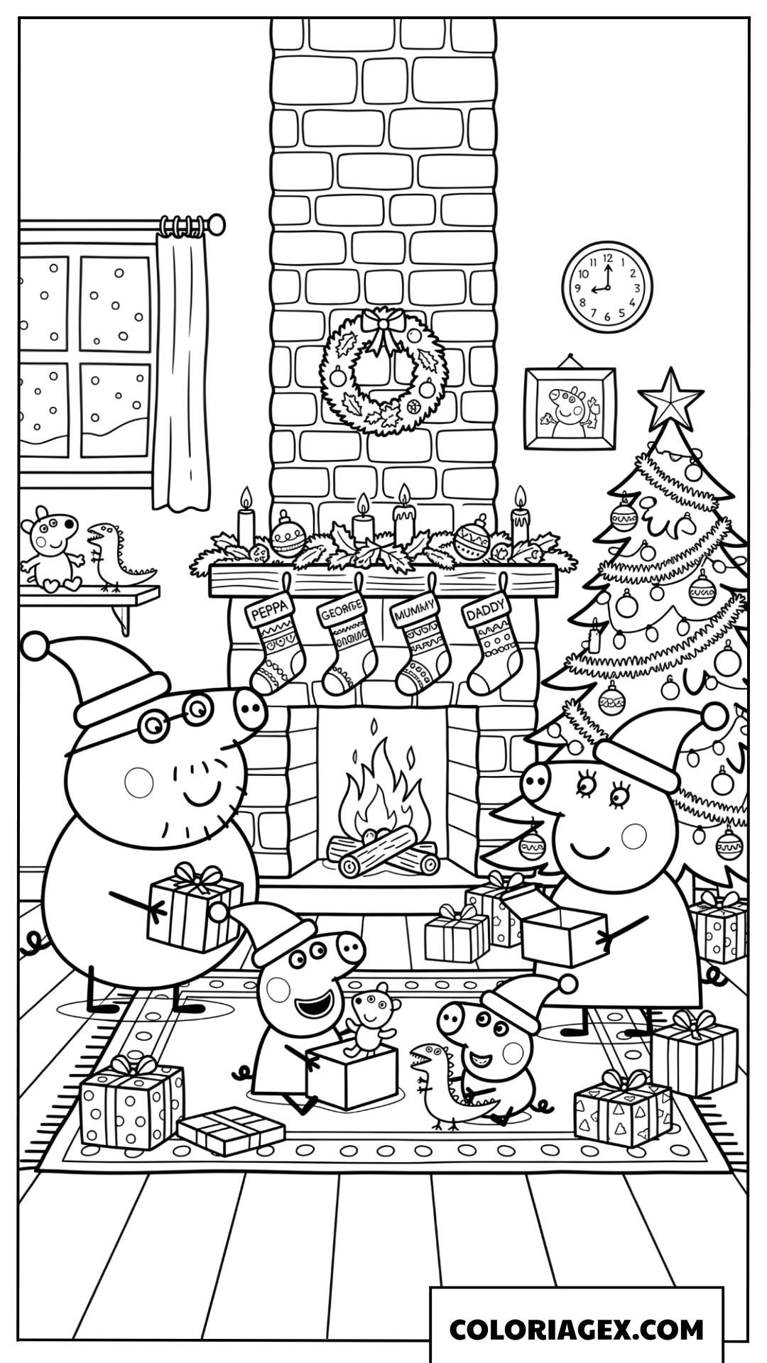 Coloriage famille Peppa Pig ouvrant les cadeaux de Noel