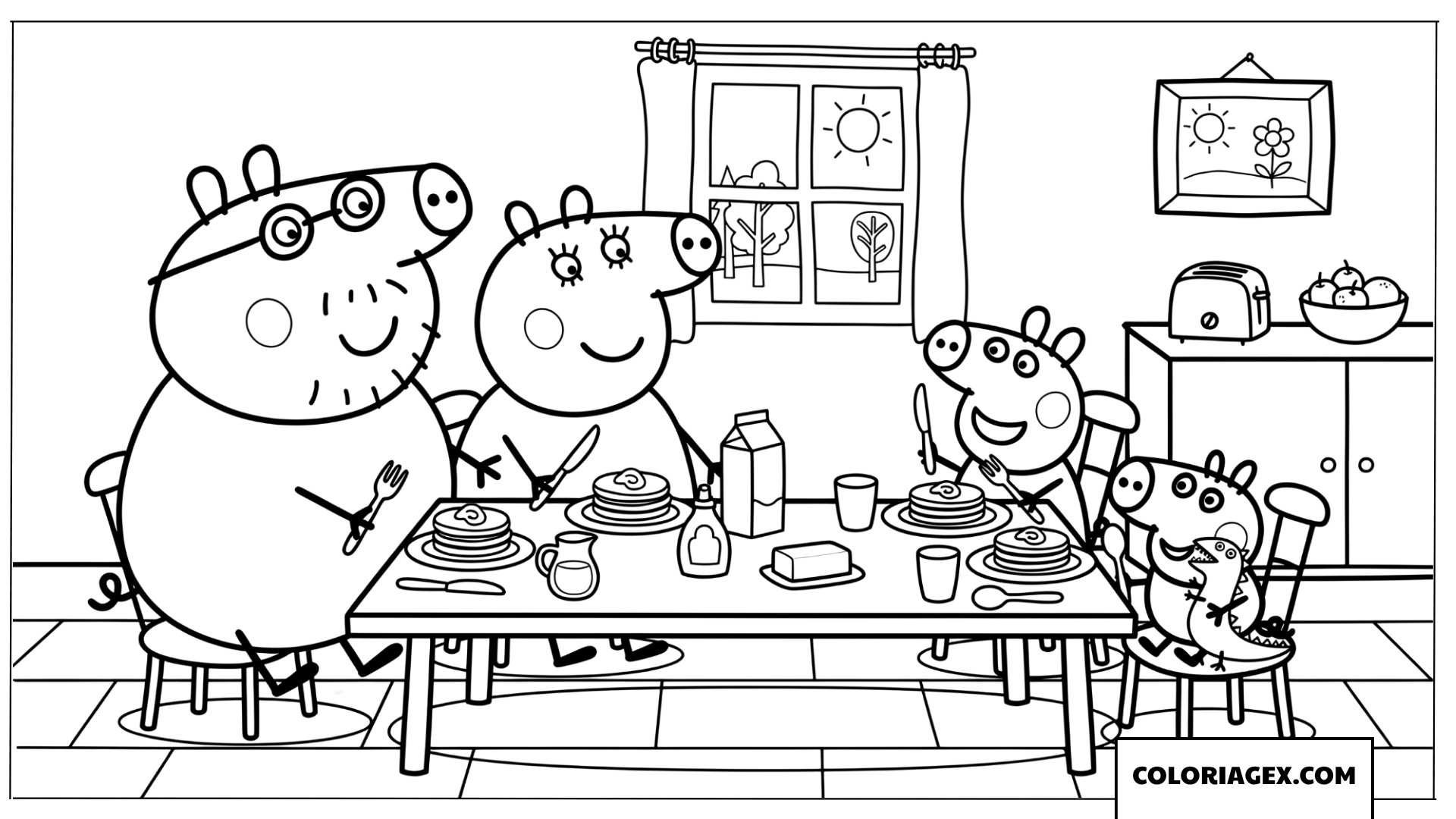 Coloriage famille Peppa Pig prenant le petit dejeuner