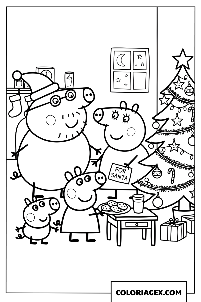 Coloriage famille Peppa Pig prepare des cadeaux pour le Pere Noel