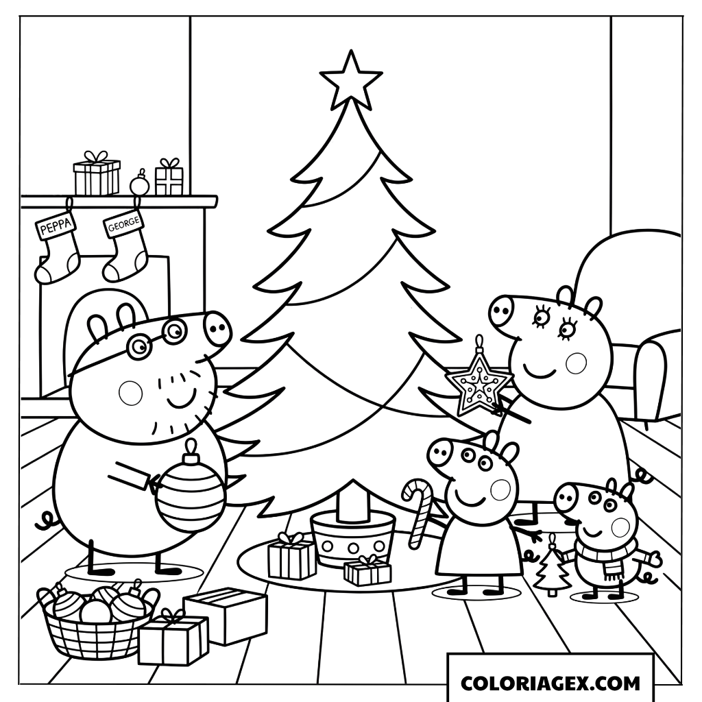 Coloriage famille Peppa decore le sapin de Noel ensemble
