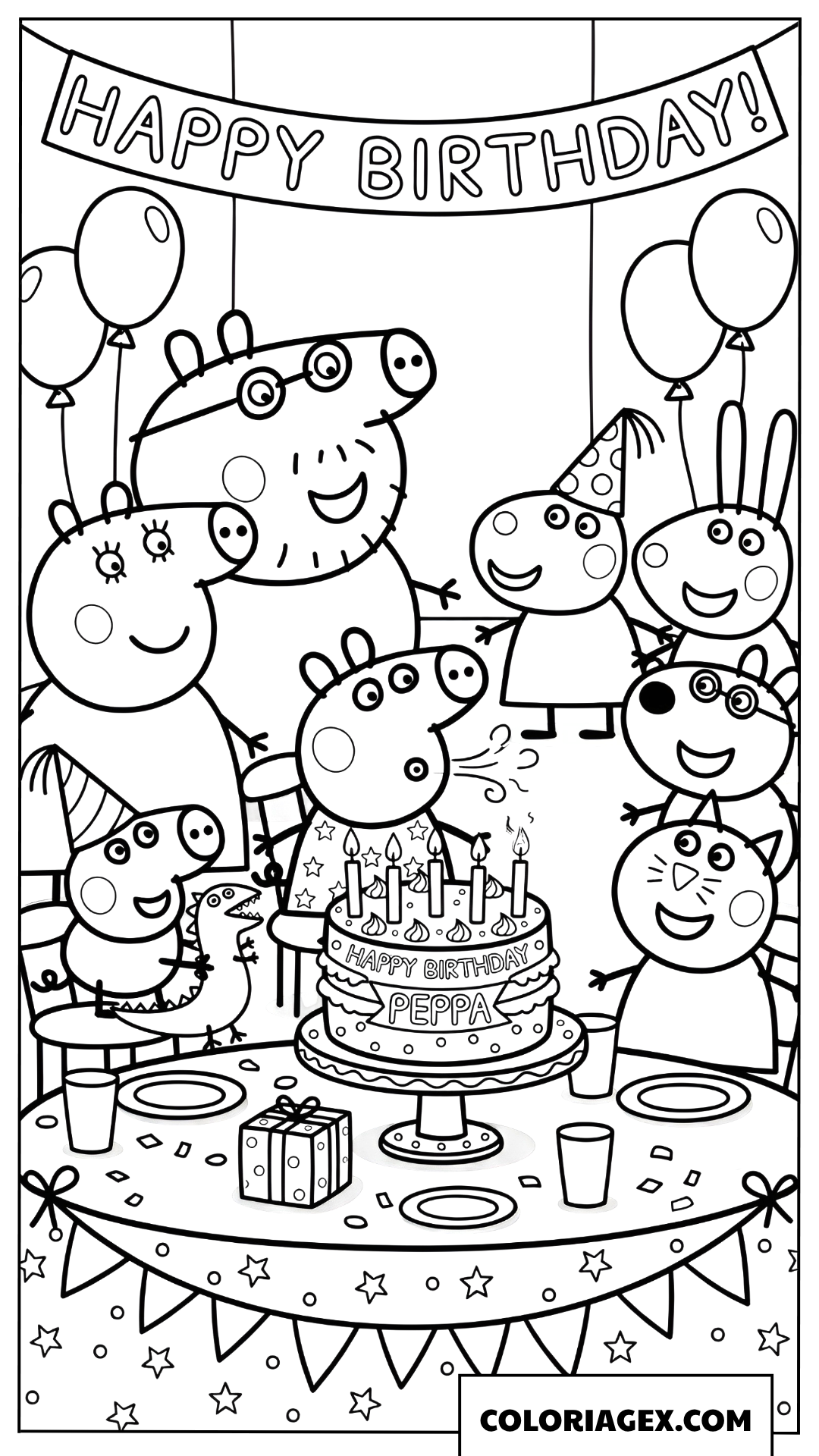 Coloriage fete anniversaire Peppa Pig avec famille et amis