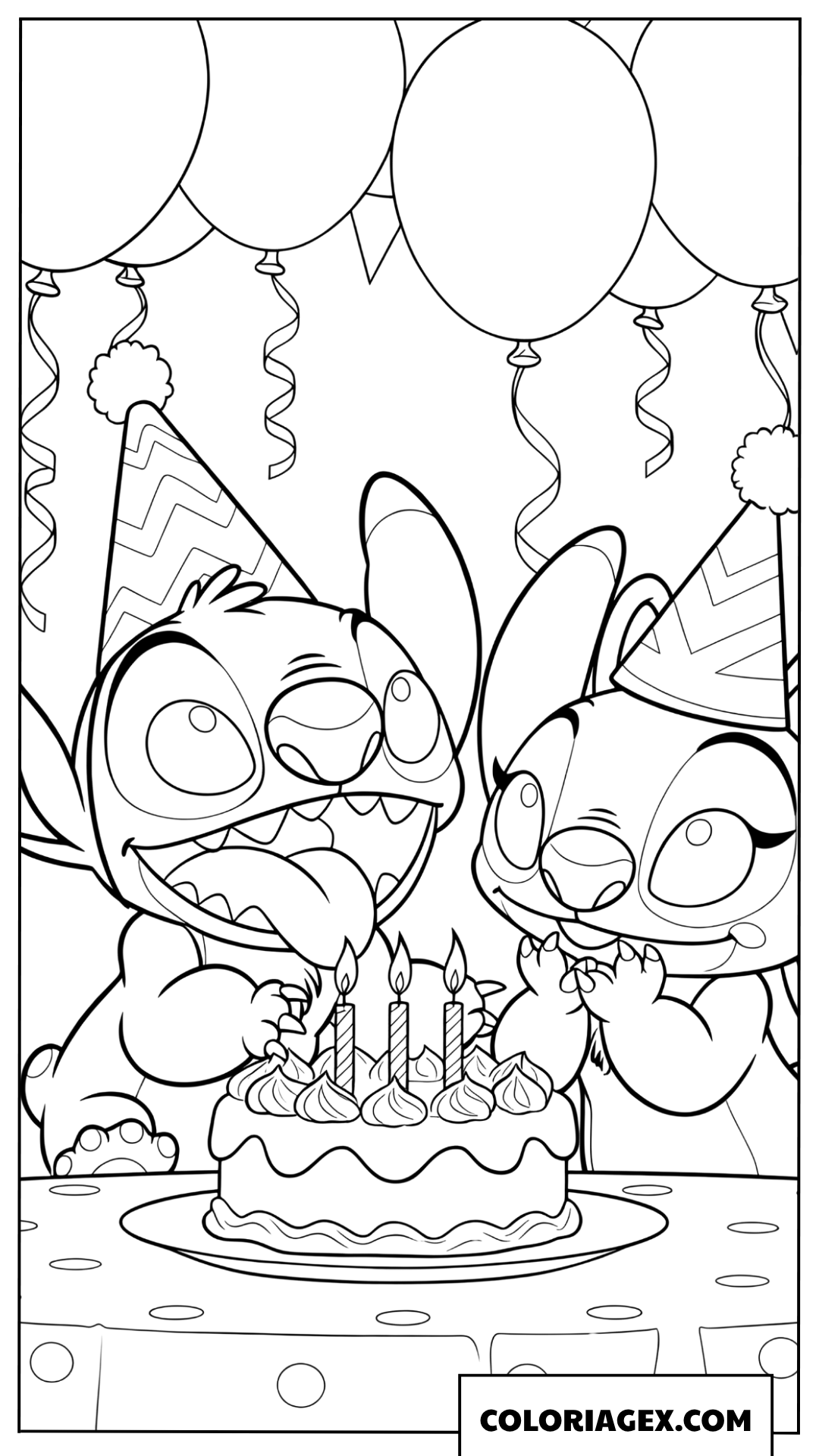 Coloriage fête d'anniversaire de Stitch et Angel