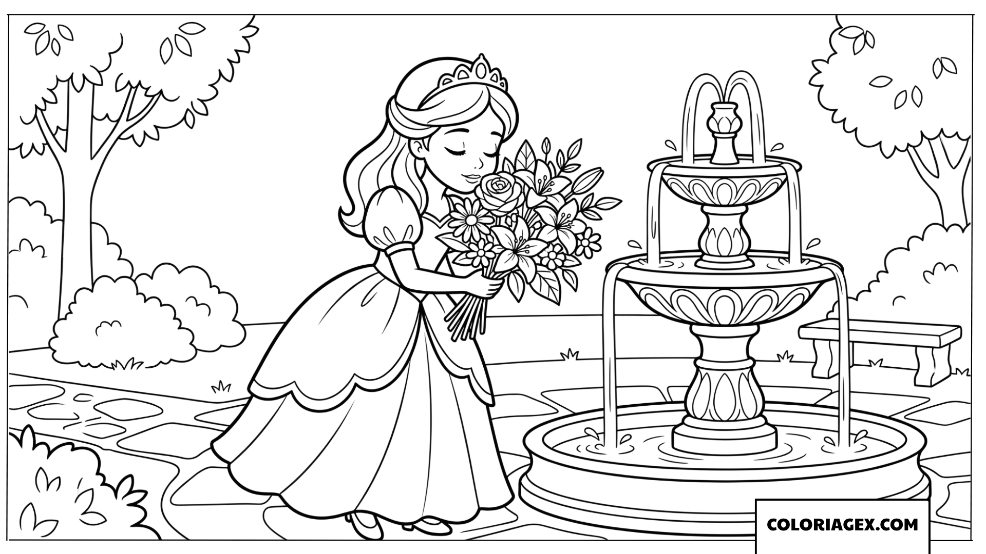 Coloriage princesse avec un bouquet de fleurs pres de la fontaine
