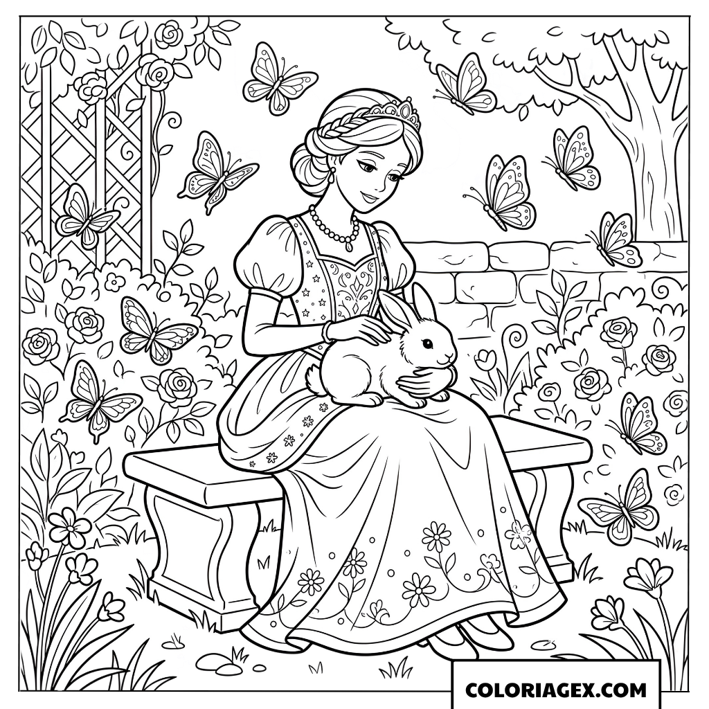 Coloriage princesse caressant un lapin blanc dans le jardin