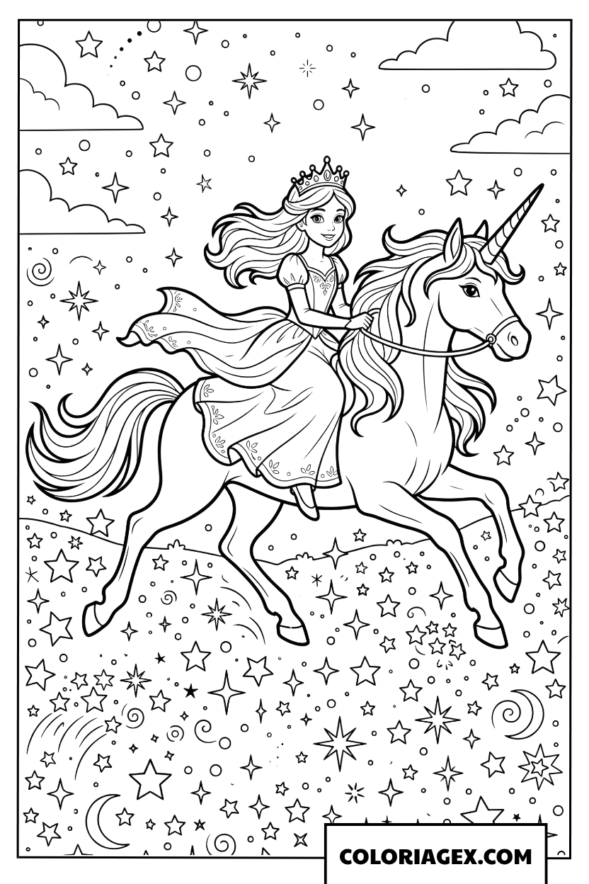 Coloriage princesse chevauchant une licorne dans le ciel etoile