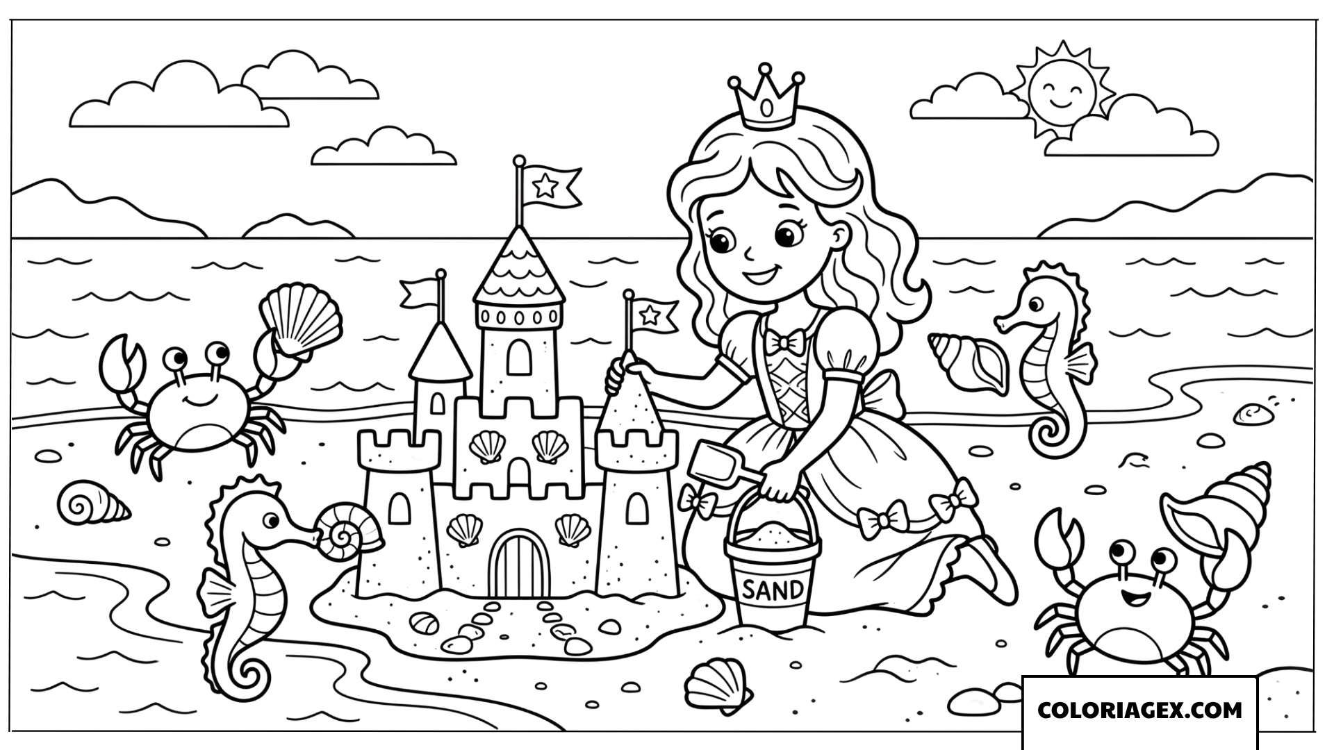 Coloriage princesse construisant un chateau de sable avec animaux marins