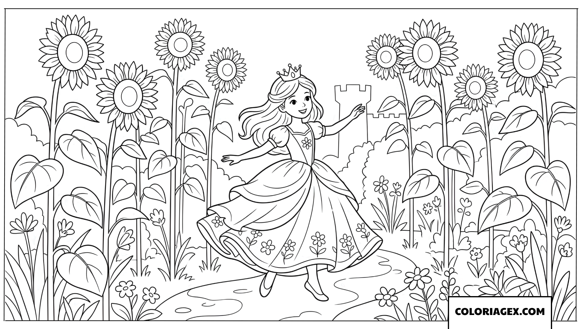Coloriage princesse dansant parmi les tournesols