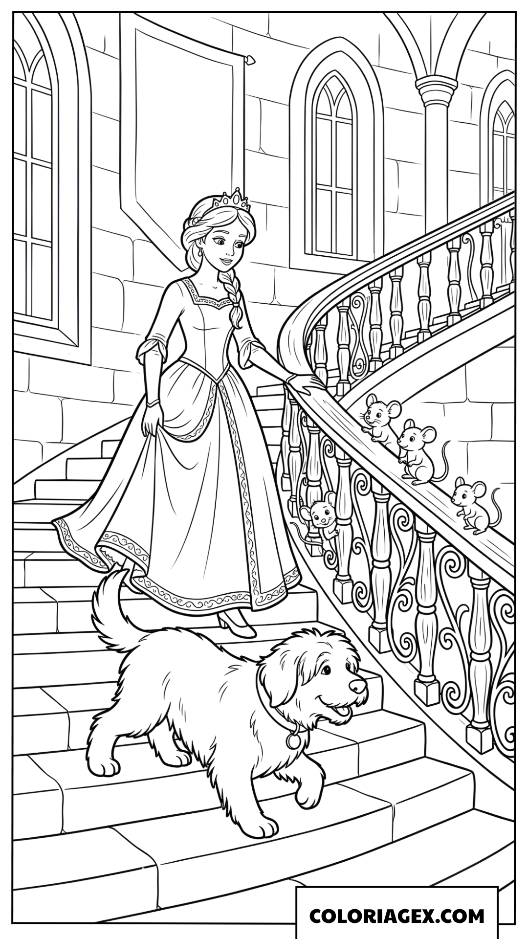 Coloriage princesse descendant les escaliers avec animaux du chateau