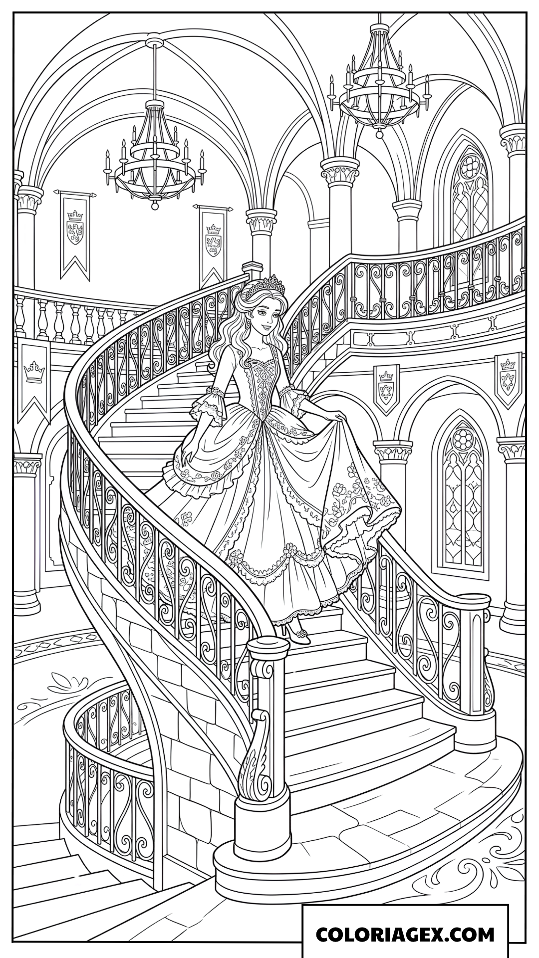 Coloriage princesse descendant les escaliers du chateau
