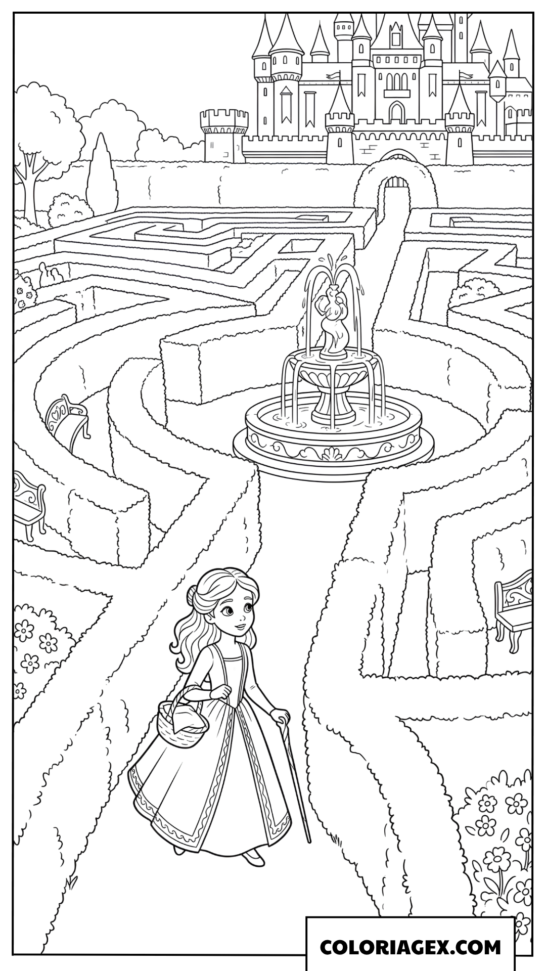 Coloriage princesse explorant le labyrinthe du chateau