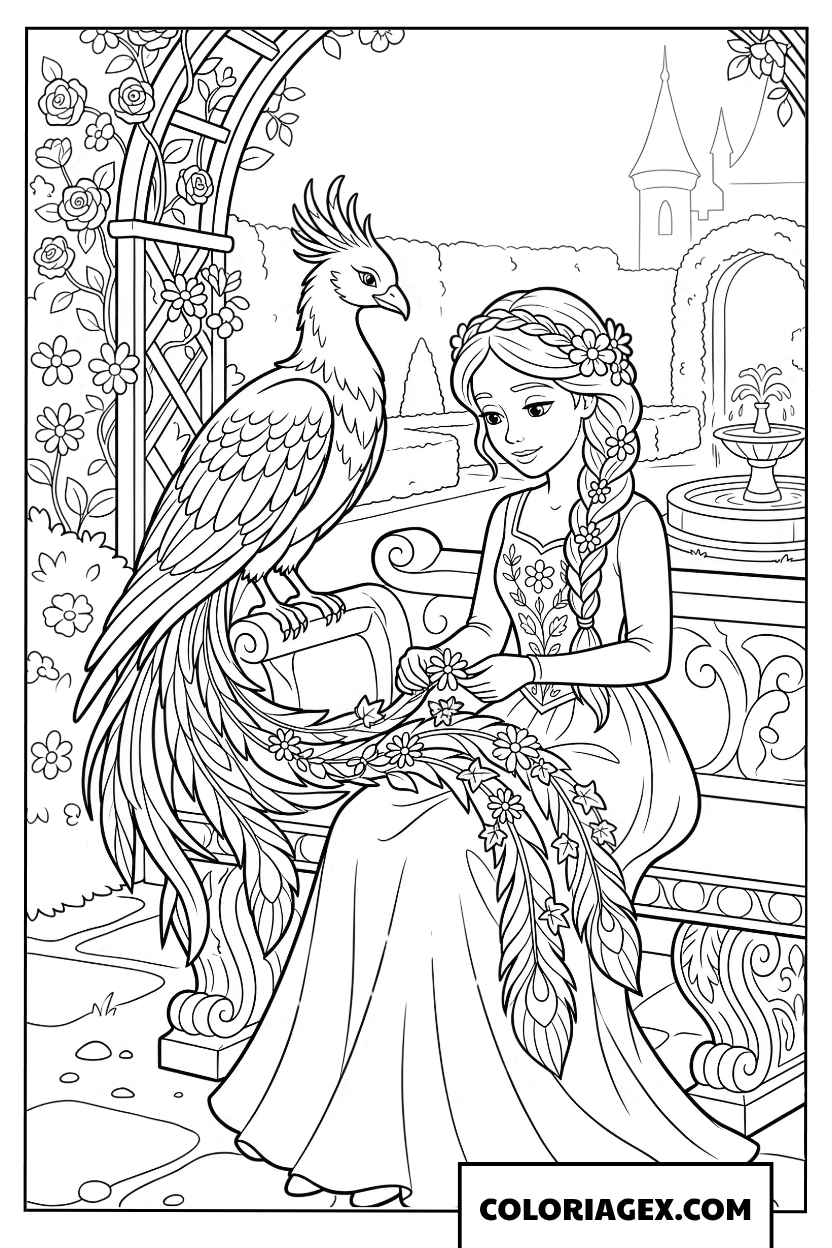 Coloriage princesse faisant une couronne de fleurs avec un phenix