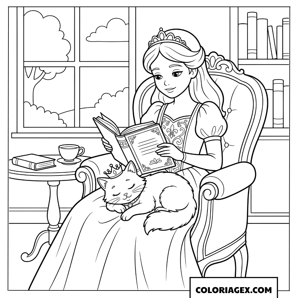 Coloriage princesse lisant avec un chat endormi