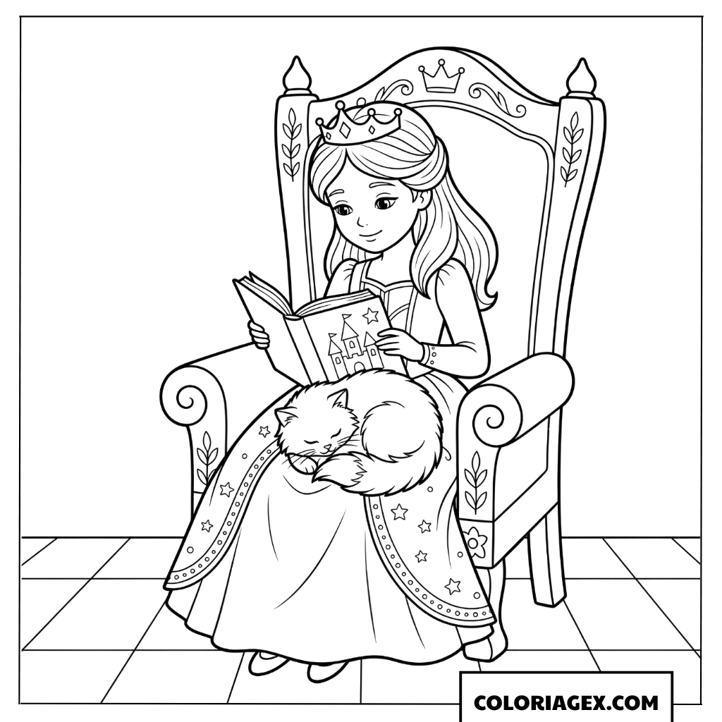 Coloriage princesse lisant un livre avec un petit chat
