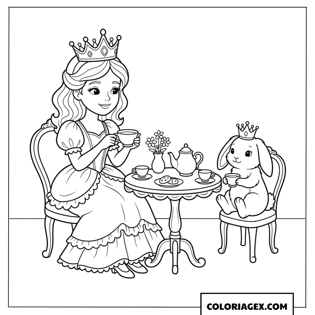 Coloriage princesse prenant le the avec un petit lapin