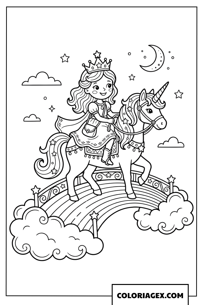 Coloriage princesse sur une licorne au dessus de larc en ciel