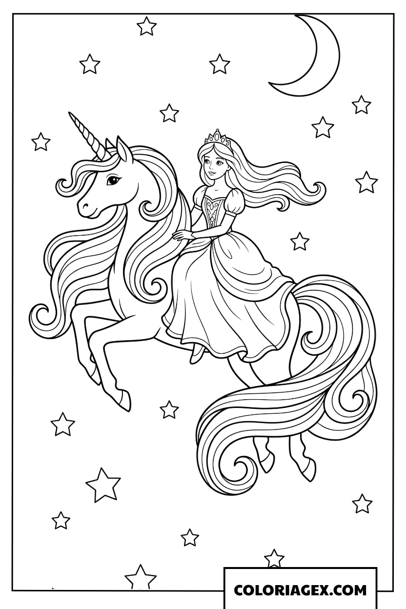 Coloriage princesse sur une licorne sous le ciel etoile
