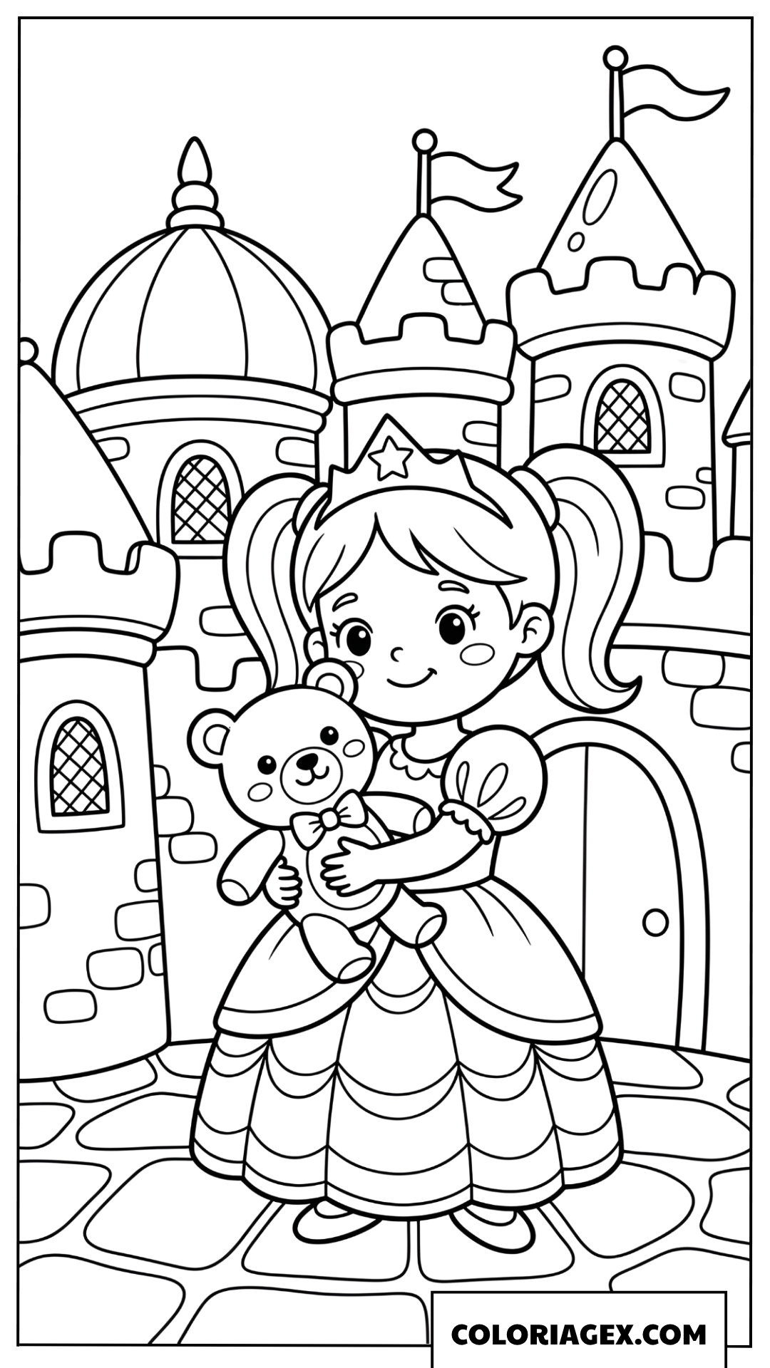Coloriage princesse tenant un ours en peluche devant le chateau